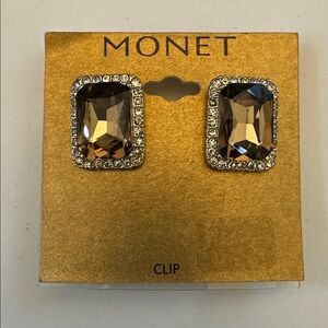 MONET Amber Clip Earrings Clear Rhinestones Signed